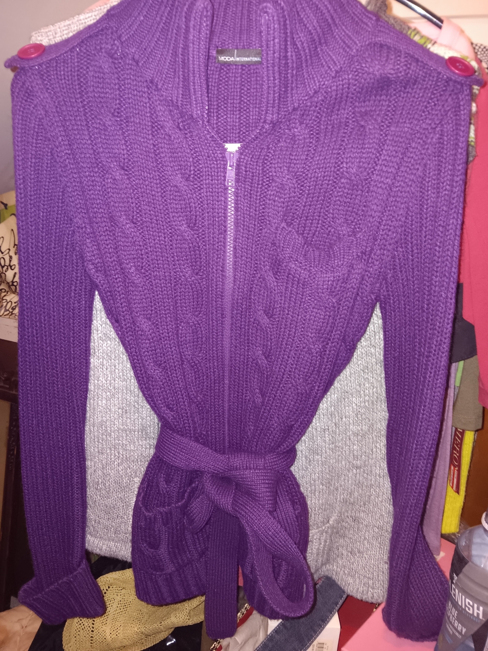 Moda International Purple Cable Knit Belted Cardigan